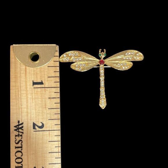 Gold-Tone Dragonfly Brooch With Sparkling Rhinestones & Red/Green Accents - Picture 4 of 5